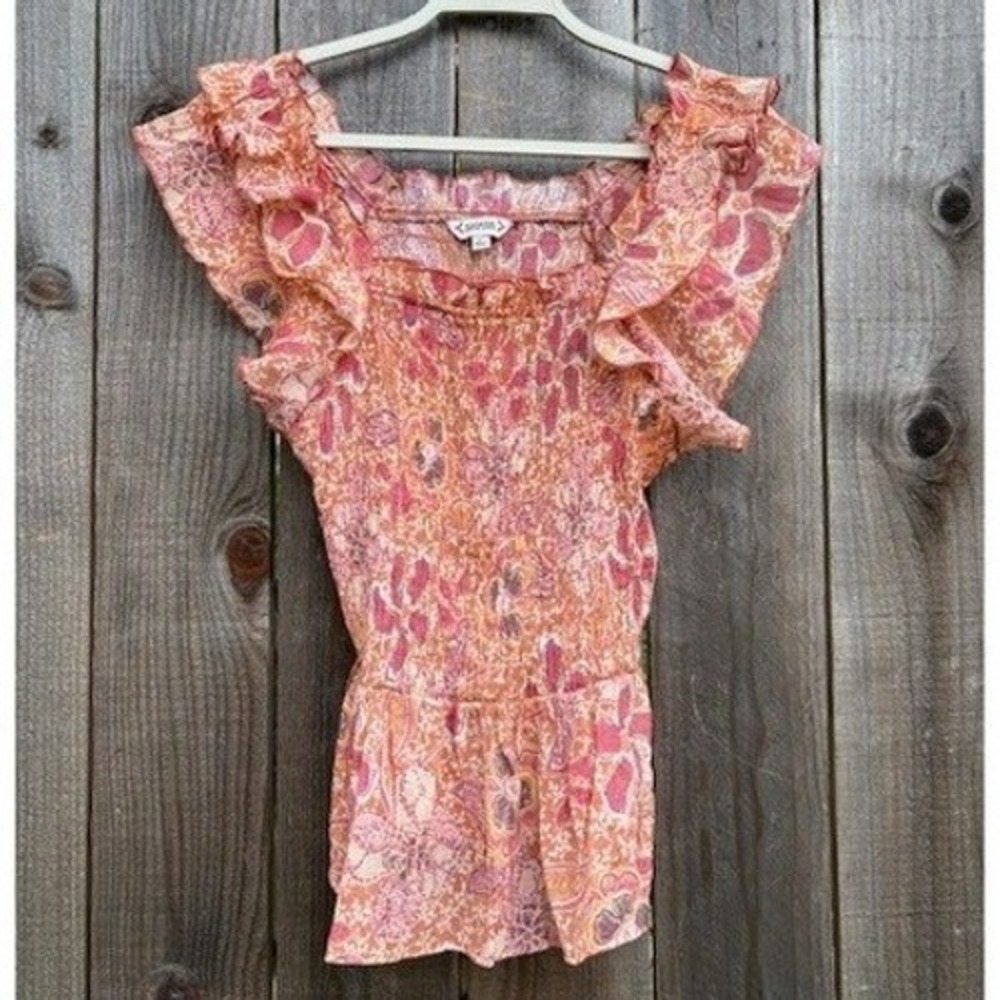 Nanette Lepore Pink Orange Floral Paisley Smocked Flutter Sleeve Blouse Large
